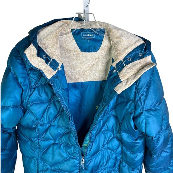 L.L. Bean UltraLight Goose Down Puffer Jacket Womens Large Blue Hooded Quilted - Picture 2 of 8